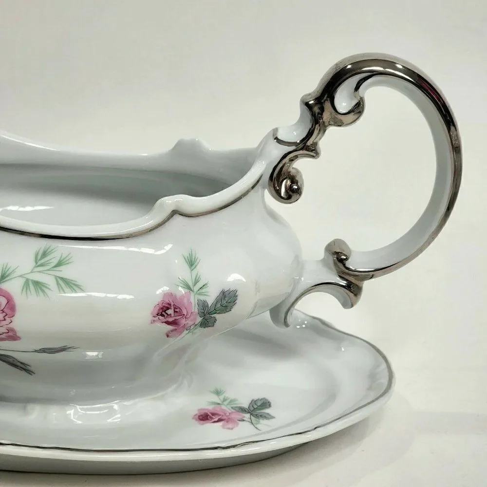Home‎ Arts ENCHANTED ROSE Pink Gravy Boat with Attached Underplate Germany